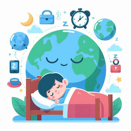 Illustration of a boy sleeping on a bed with the world around himのイラスト素材