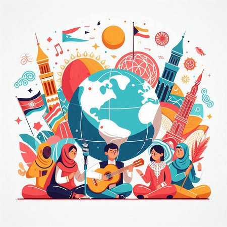 Vector illustration of a group of muslim people sitting around the globe and playing guitar.のイラスト素材