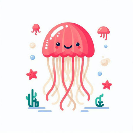 Cute jellyfish. Vector illustration in flat style. Isolated on white background.のイラスト素材