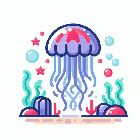 Jellyfish in the sea. Colorful flat vector illustration.のイラスト素材