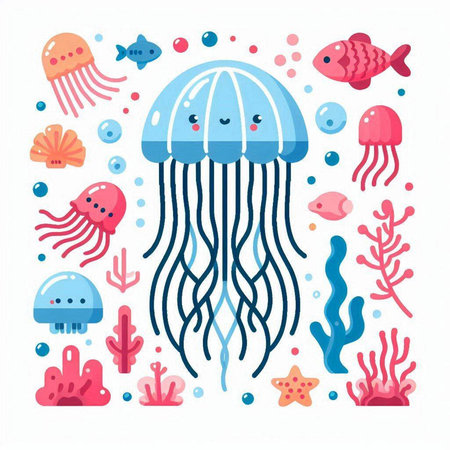 Cute cartoon jellyfish and marine life. Vector illustration in flat style.のイラスト素材