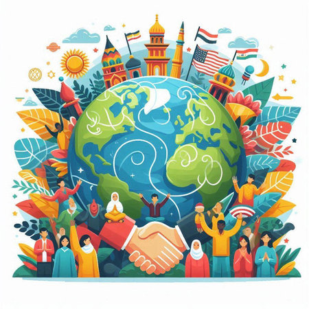 Vector illustration of international day of peace. Handshake and people around the globe.のイラスト素材
