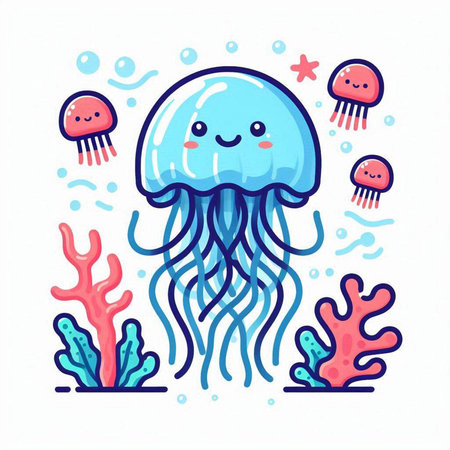 Cute cartoon jellyfish swimming in the sea. Vector illustration.のイラスト素材