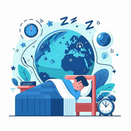 Sleeping man in bed with alarm clock. Vector illustration.のイラスト素材
