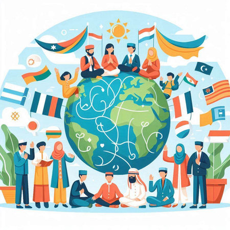 Vector illustration of Muslim people praying and meditating around the Earth.のイラスト素材