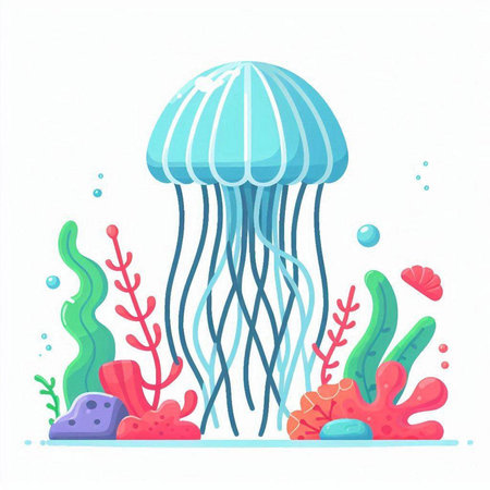 Jellyfish with corals and algae. Underwater world. Vector illustrationのイラスト素材