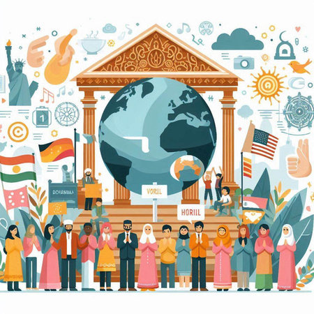 People of different nationalities and religions around the globe. Flat vector illustration.のイラスト素材