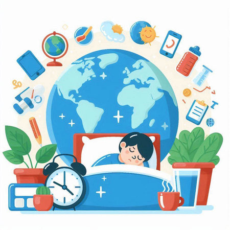 Vector illustration of a woman sleeping in bed with a big alarm clock.のイラスト素材