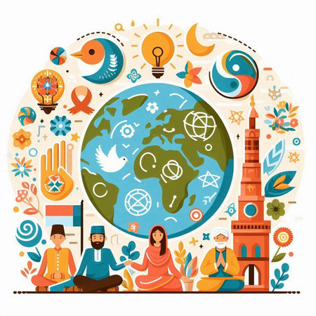 Flat design vector illustration concept for World Yoga Day. Young people meditating in front of the globe.のイラスト素材