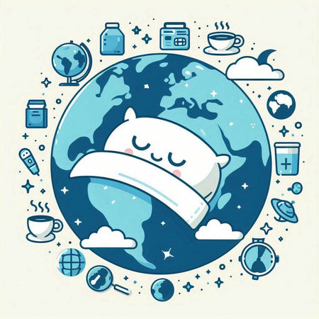 Vector illustration of cute cartoon character sleeping on the planet earth in the circleのイラスト素材