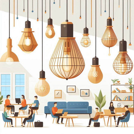 Modern office interior with furniture and lamps. Flat style vector illustration.のイラスト素材
