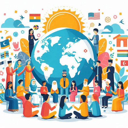 Concept of global communication. People sitting around the globe. Flat vector illustration.のイラスト素材