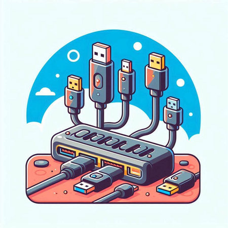 Vector illustration of usb cable on the background of the blue sky.のイラスト素材