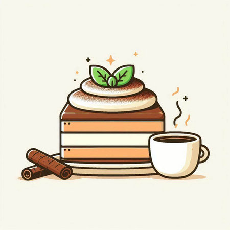 Illustration of a cinnamon cake with coffee cup and cinnamon sticks.のイラスト素材