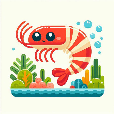 Cute cartoon shrimp in the sea. Vector illustration in flat styleのイラスト素材
