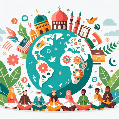 Vector illustration of Muslim people meditating around the world. Flat style.のイラスト素材
