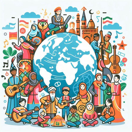 Vector illustration of people around the world with musical instruments and symbols.のイラスト素材