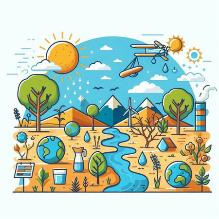 Ecology concept. Vector illustration in a flat style. Landscape with trees, windmills, solar panels, clouds and sun.のイラスト素材