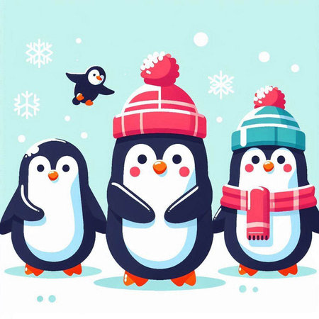 Cute penguins in winter hats and scarves. Vector illustration.のイラスト素材