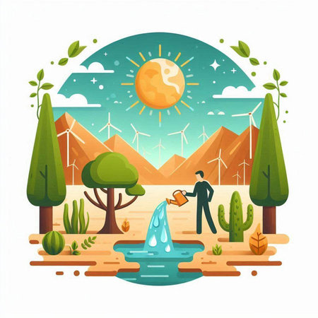 Vector illustration of a flat design landscape with a man watering the plants and treesのイラスト素材
