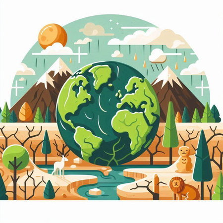 Vector illustration of a cartoon landscape with a planet earth and trees.のイラスト素材