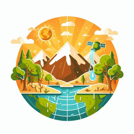 Landscape with mountains, lake and solar panels. Vector illustration.のイラスト素材