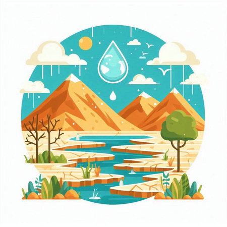 Landscape with mountains, lake and trees. Vector illustration in flat stylevector, icon, symbol, design, illustration, graphic, set, abstract, line, elementのイラスト素材