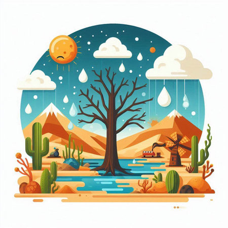 Desert landscape with cactuses and mountains. Vector illustration.のイラスト素材