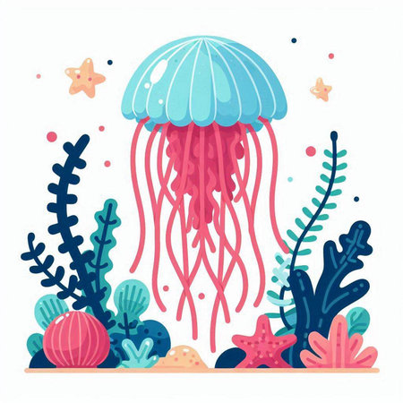 Jellyfish with coral and seaweed. Vector illustration in cartoon styleのイラスト素材