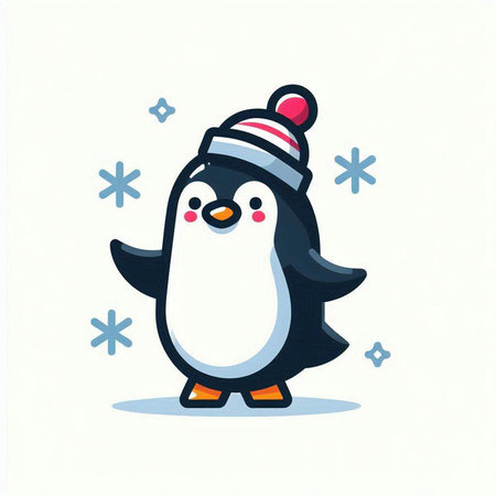 Cute penguin in a hat and scarf. Vector illustration.のイラスト素材