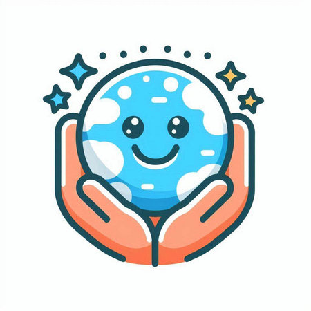 Vector illustration of happy planet earth in hands. Flat style design.のイラスト素材