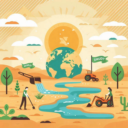 Illustration of people working in the field, watering the earth.のイラスト素材