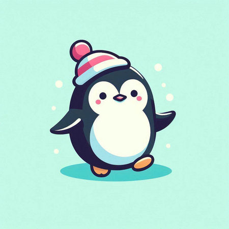 Cute cartoon penguin with hat on his head. Vector illustration.のイラスト素材