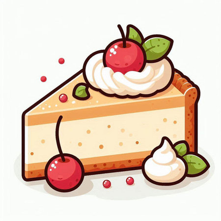 Piece of cake with cherry and whipped cream. Vector illustration.のイラスト素材