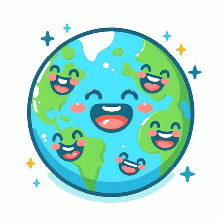 Cartoon planet earth with smiling faces. Vector illustration in flat styleのイラスト素材