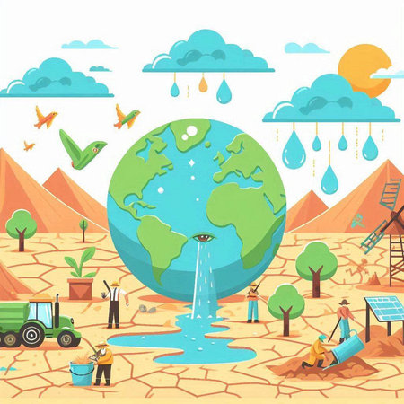 Global warming concept. People watering the planet earth. Vector illustration.のイラスト素材