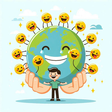 Happy man holding earth with smiley face emoticons. Vector illustrationのイラスト素材