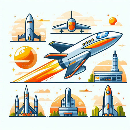 Set of spaceship and rockets icons in flat style. Vector illustration.のイラスト素材