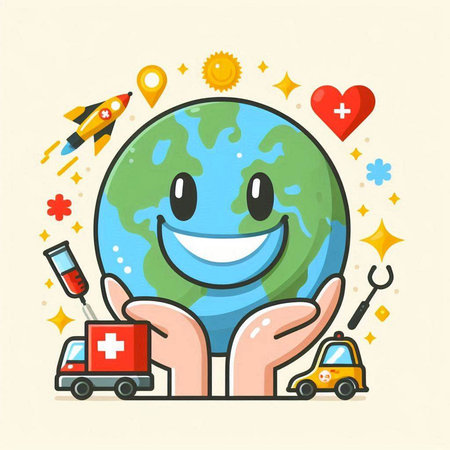 Vector illustration of happy planet earth in hand. Flat style design.のイラスト素材