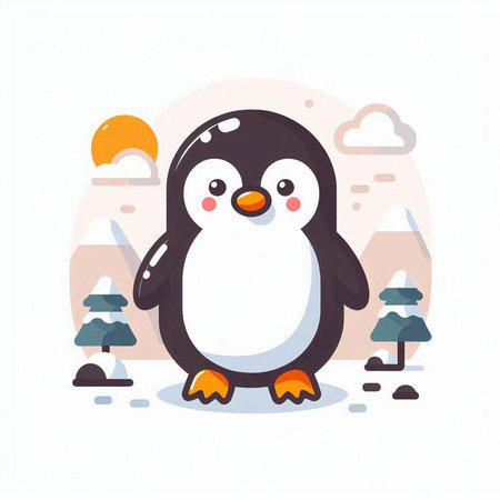 Cute penguin standing in the forest. Vector flat cartoon illustration.のイラスト素材