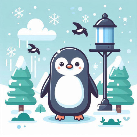 Cute penguin in the winter landscape. Vector illustration in flat style.のイラスト素材
