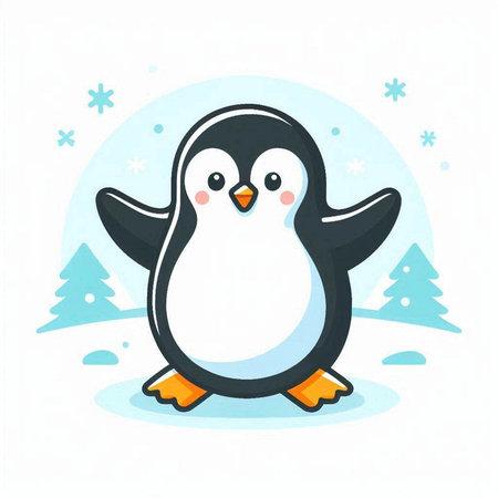 Cute cartoon penguin on winter background. Vector flat illustration.のイラスト素材
