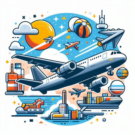 Airplane travel around the world. Vector illustration in flat style.のイラスト素材