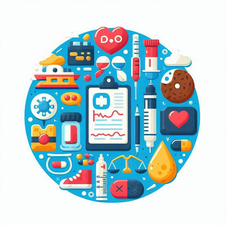 Medical health care concept. Vector flat illustration with icons of pills, tablets, thermometer, stethoscope, syringe, blood test, virus, heart.のイラスト素材