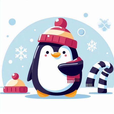 Penguin in a hat, scarf and mittens. Vector illustration.のイラスト素材