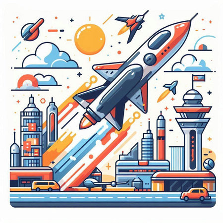 Vector illustration of modern flat line art design of rocket flying over cityのイラスト素材