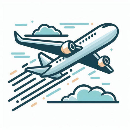 Airplane flying in the sky with clouds. Vector illustration in flat linear style.のイラスト素材