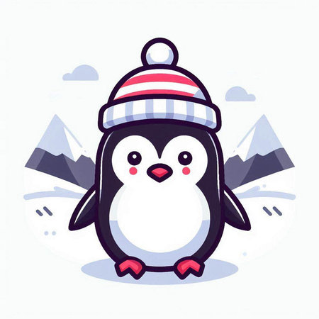 Cute penguin in winter hat and scarf. Vector illustration.のイラスト素材