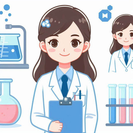 Female scientist cartoon character. Vector illustration of a female scientist in a laboratory.のイラスト素材
