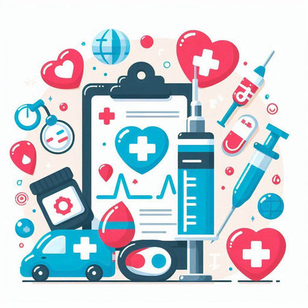 Medical and healthcare concept. Vector flat graphic design illustration with syringe, pills, ampoule, ambulance car, heart and medical icons.のイラスト素材